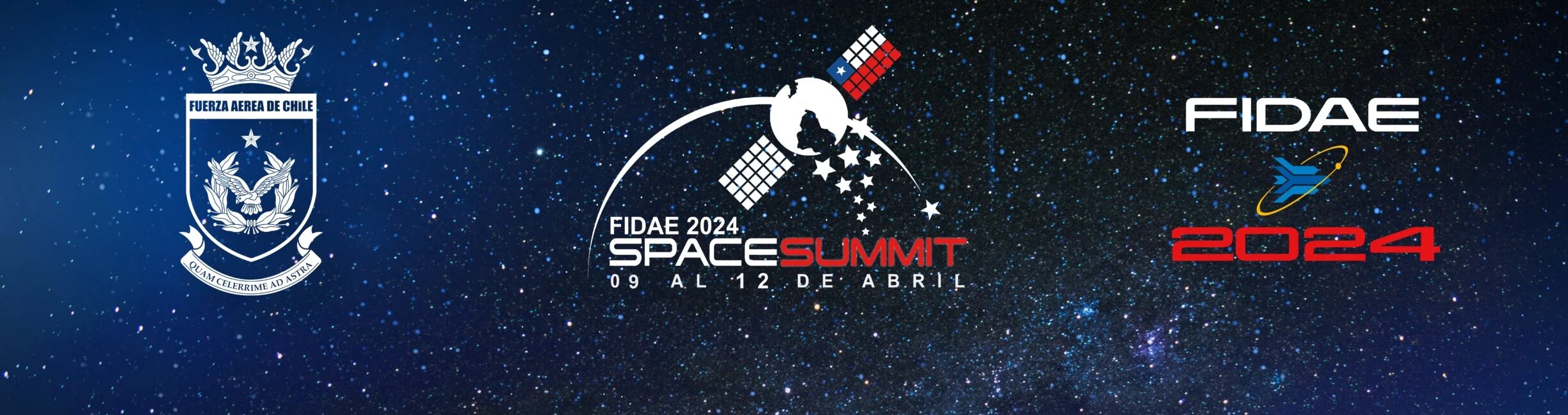 Banner con 3 logos de izquierda a derecha: Fuerza Aérea de Chile, Space Summit 2024 y FIDAE 2024